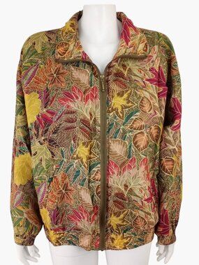 Vintage EVR Silk Bomber Jacket Oversized M Full Zip Fall Leaf Print